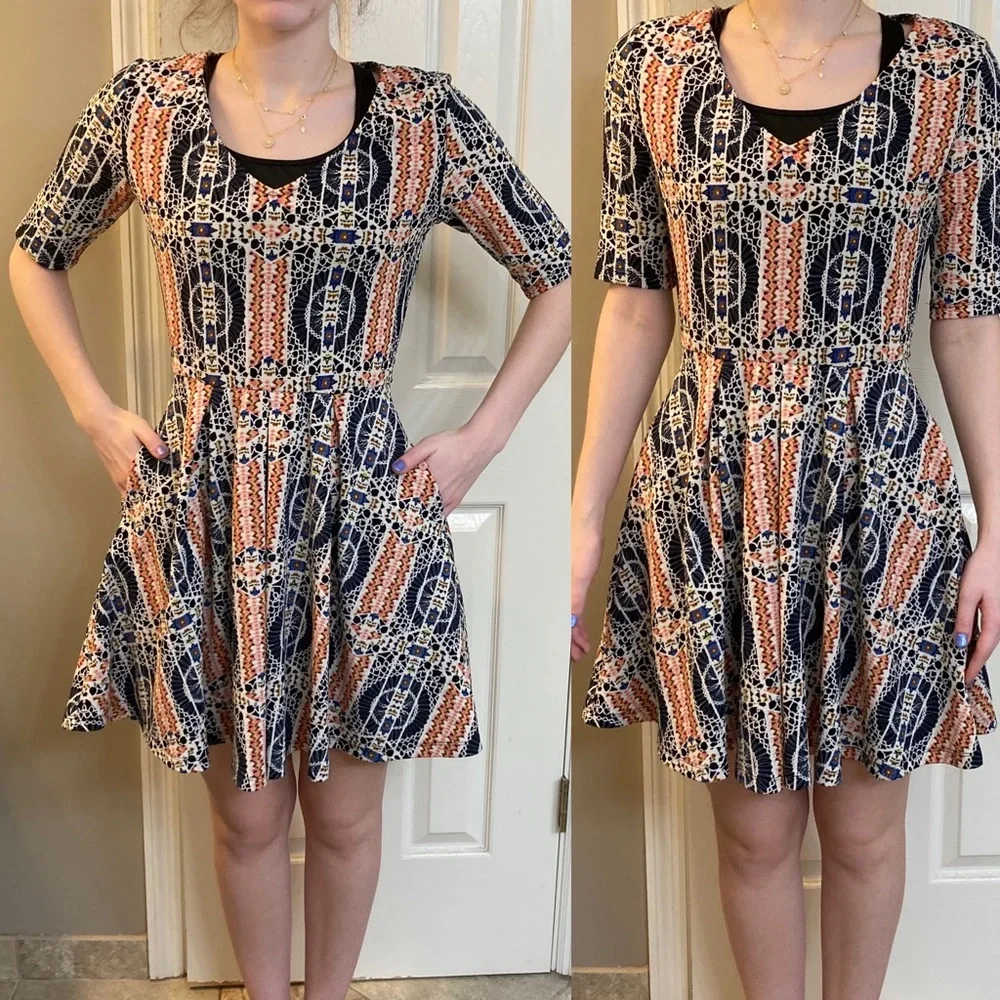 Mimi Chica Skater skirt dress shirt sleeves v-neck pattern Southwestern POCKETS